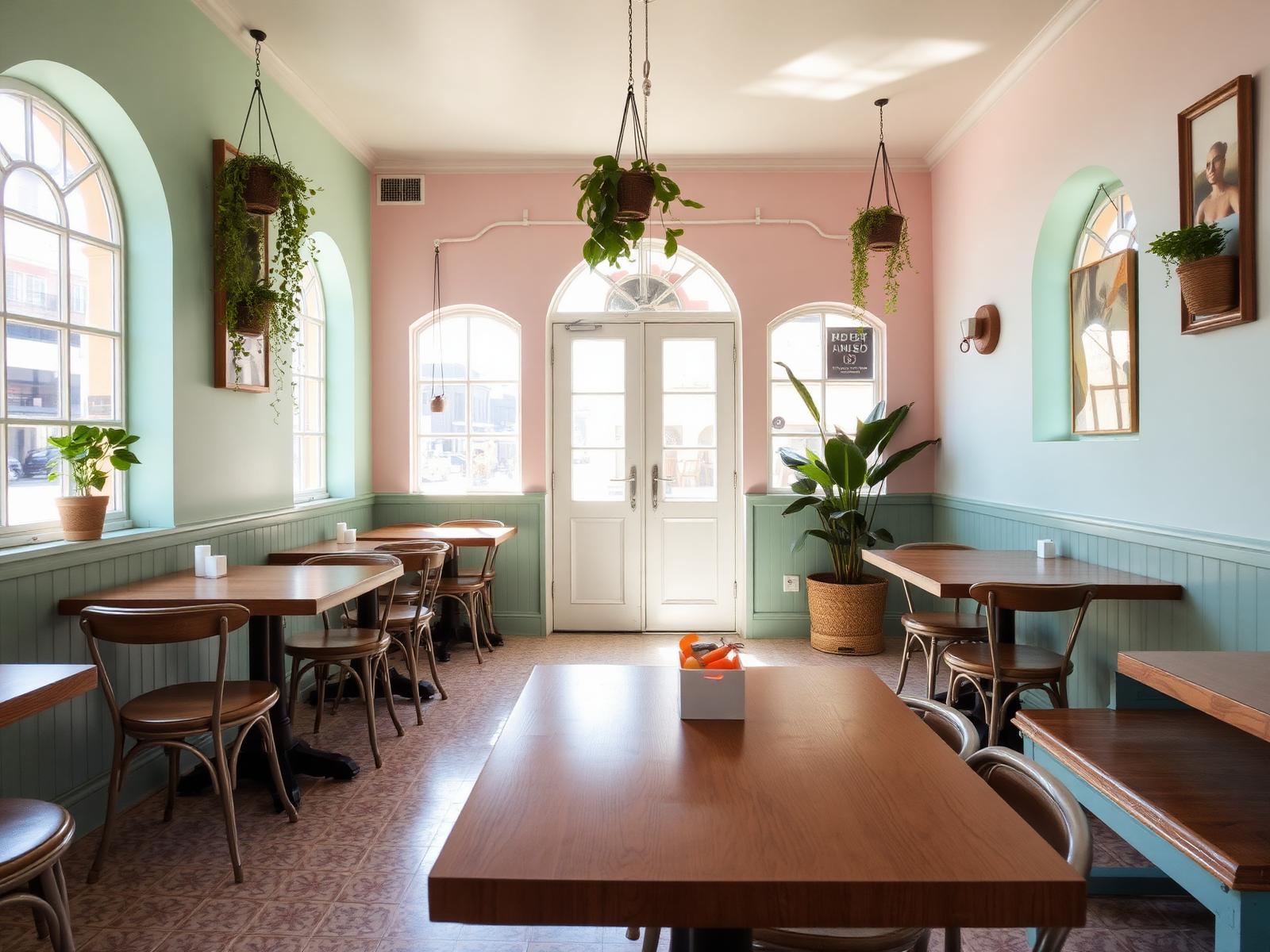 Cozy pastel interior of La Tropicana Café and Deli